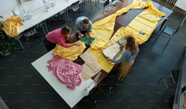 Trois personnes sur une longue table en train de travailler sur un long tissu jaune